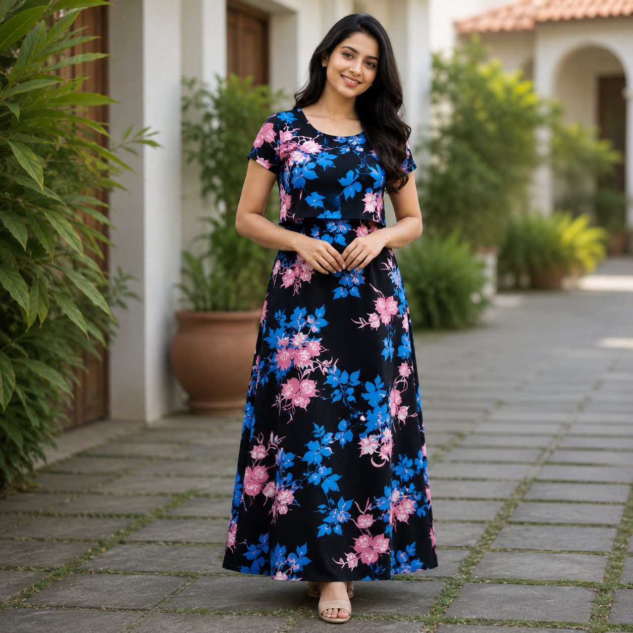 Black & Blue Flower Print Zipless Feeding Loungewear (L) BB