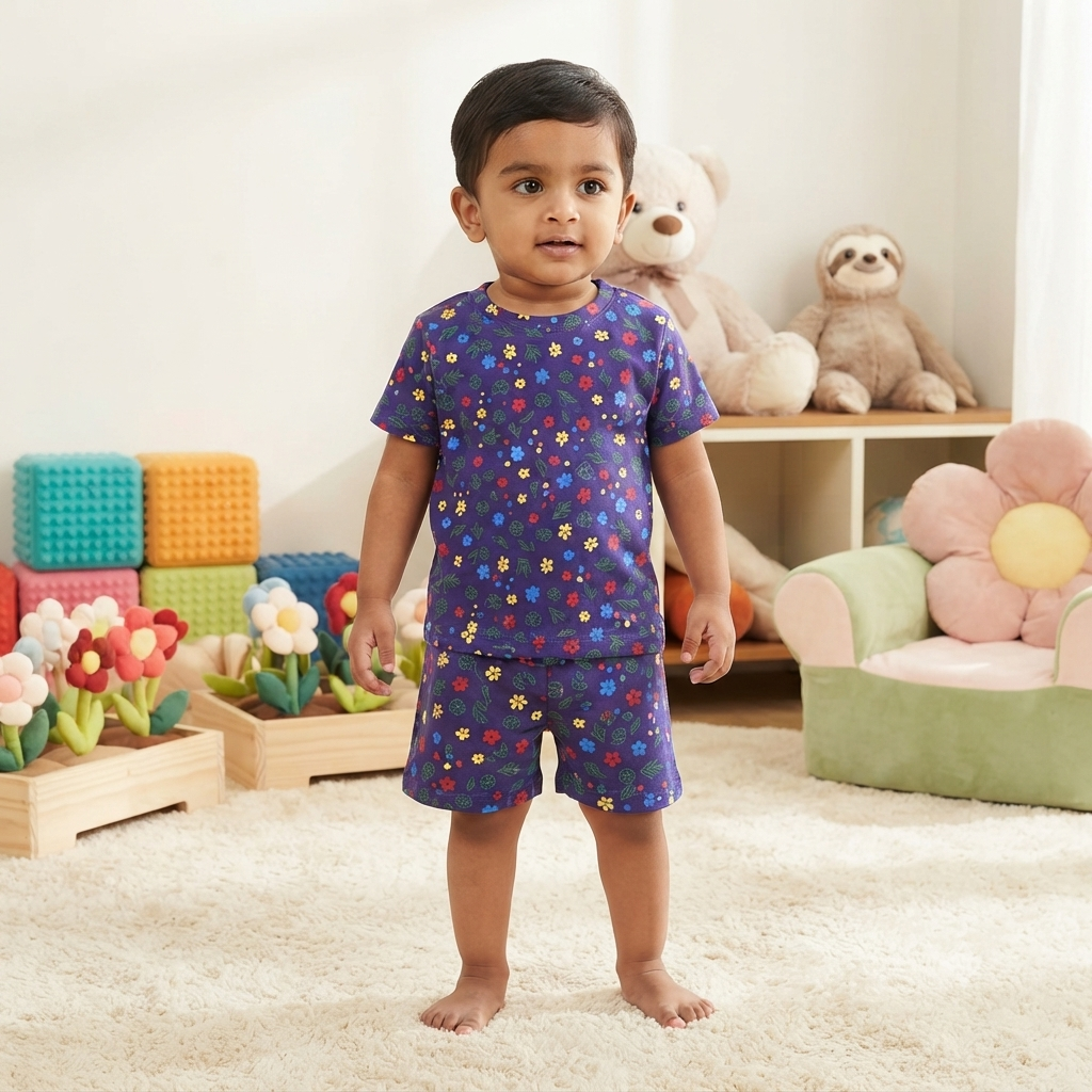 Blue little flower Print Shorts Cordset (1year to 2year)