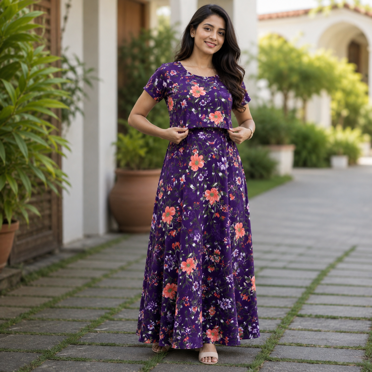 Purple Flower Print Zipless Feeding Loungewear (M) BB