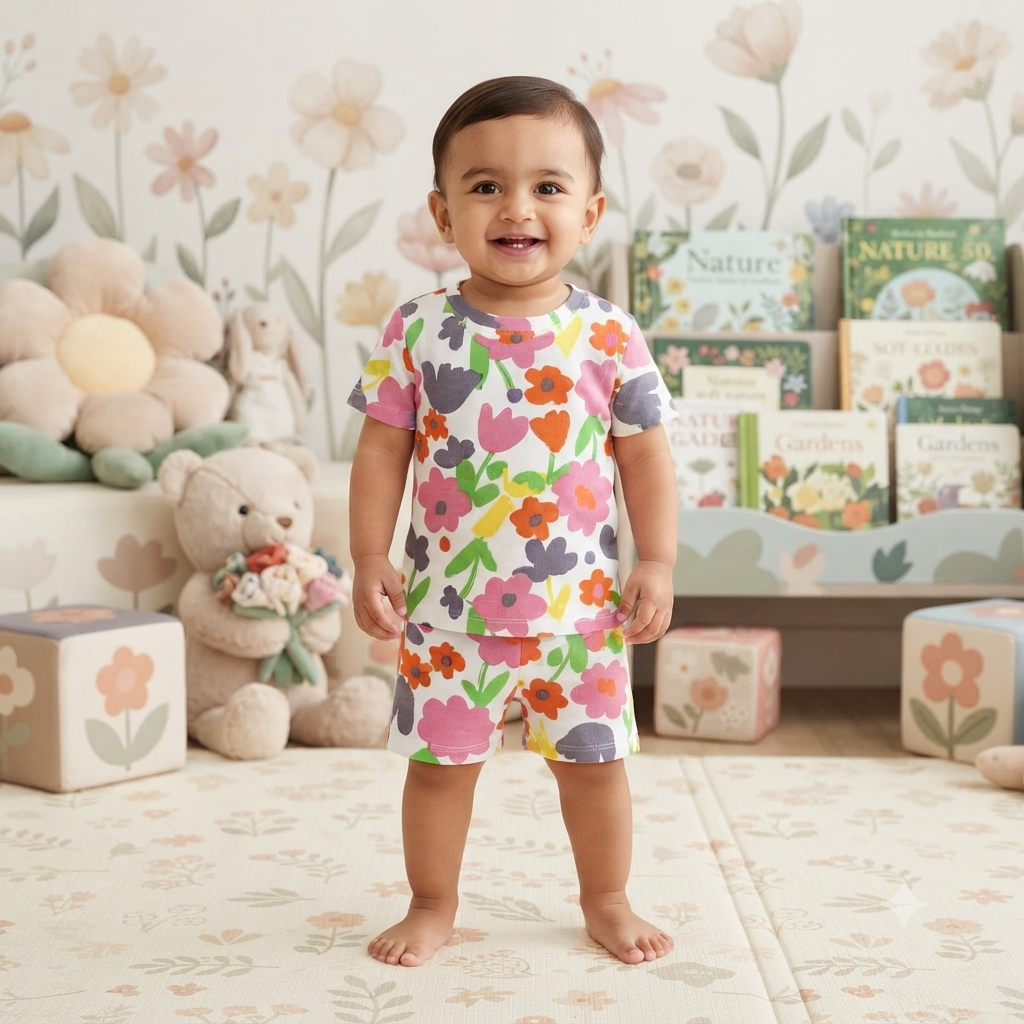 Colourful Flower Premium Ribbed Shorts Cordset (2year to 3year)