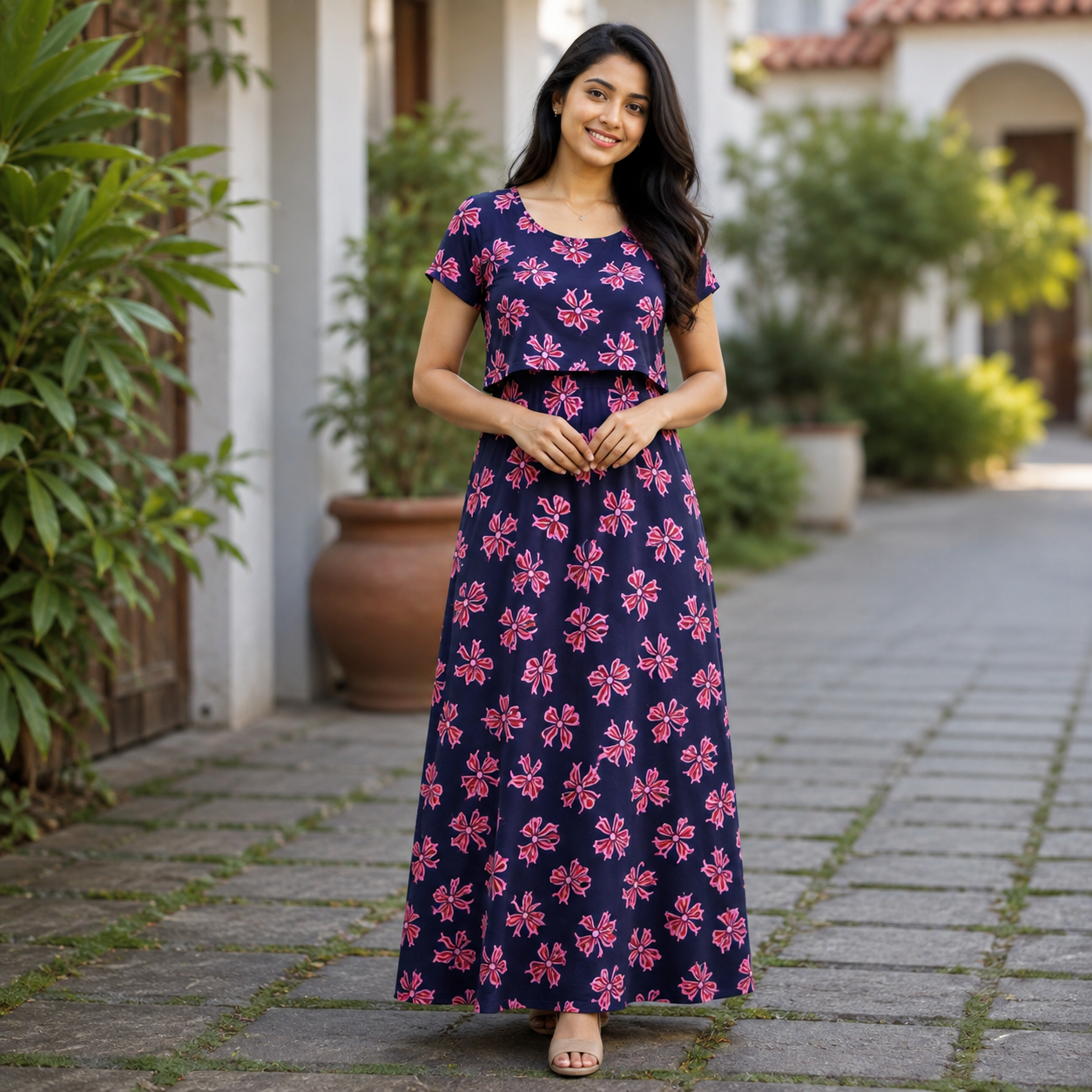 Navy Pink Flower Print Zipless Feeding Loungewear (M) BB