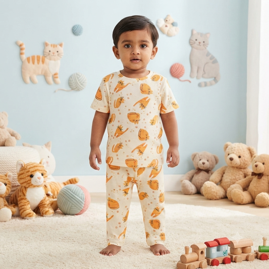 Playful Cat Print Premium Ribbed Pant Cordset (3year to 4year)