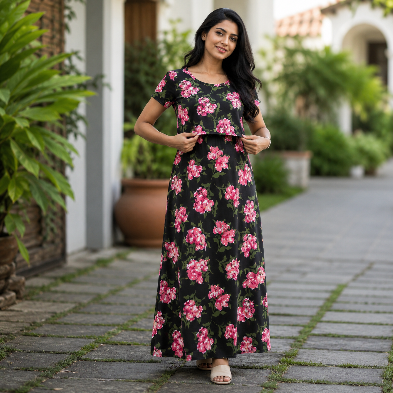 Black Pink Flower Print Zipless Feeding Loungewear (XXL) BB