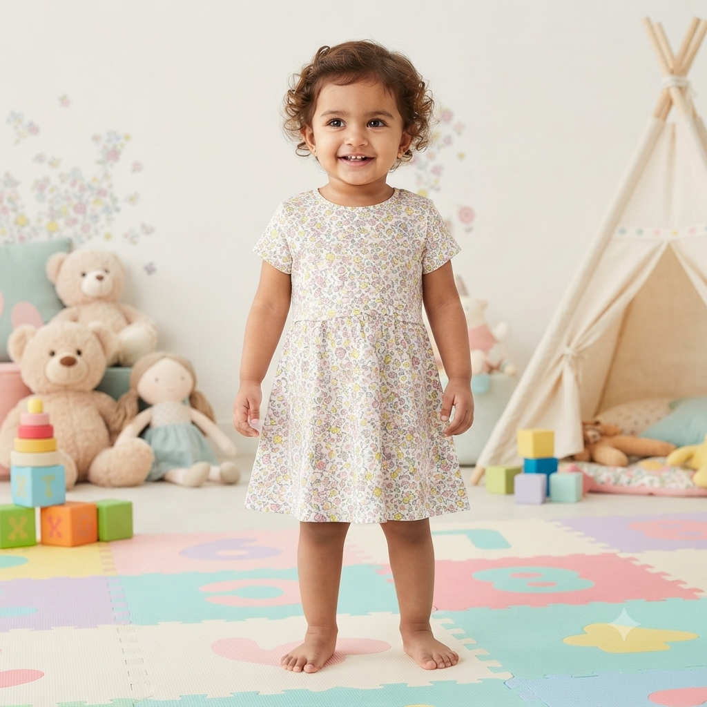 Multi Flower Cartoon Kids Printed Frock (1year to 2year)