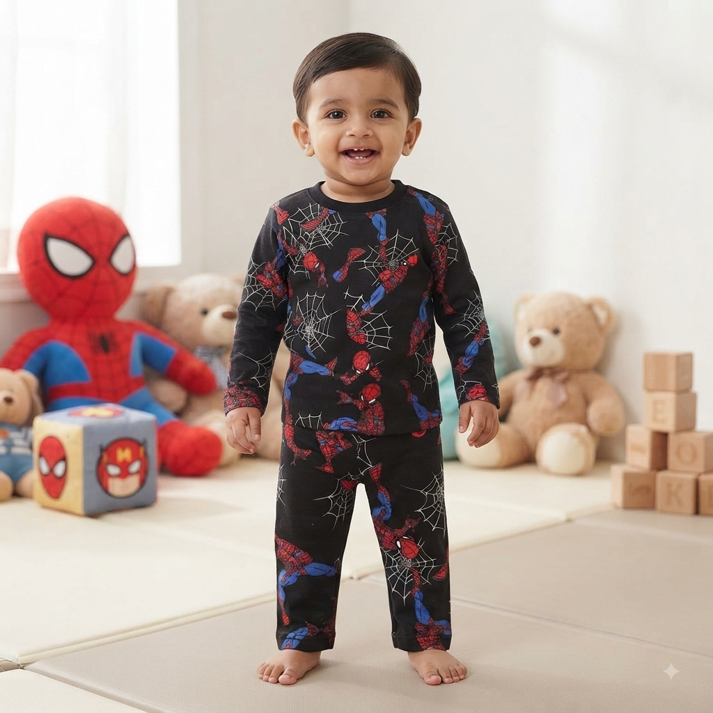 Black Spider Full Sleeve Print Pant Set (2year to 3year)