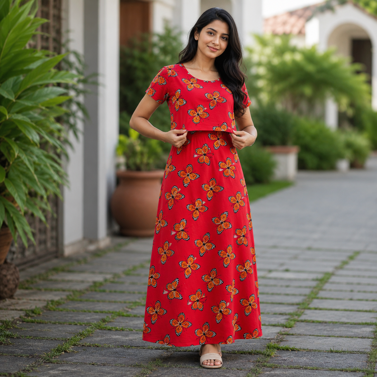Red Butterfly Print Zipless Feeding Loungewear (M) Puff Sleeve