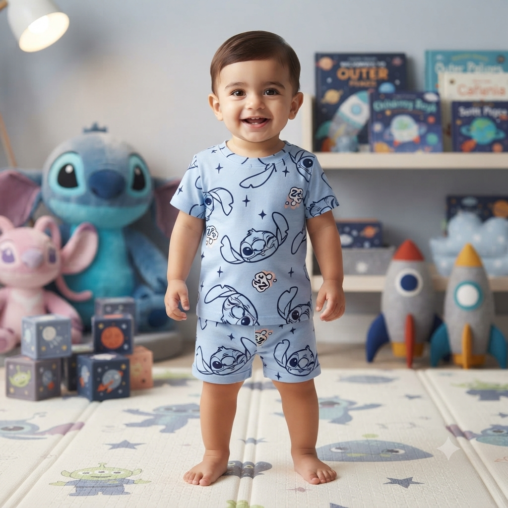 Blue Stitch Print Shorts Cordset (2year to 3year)