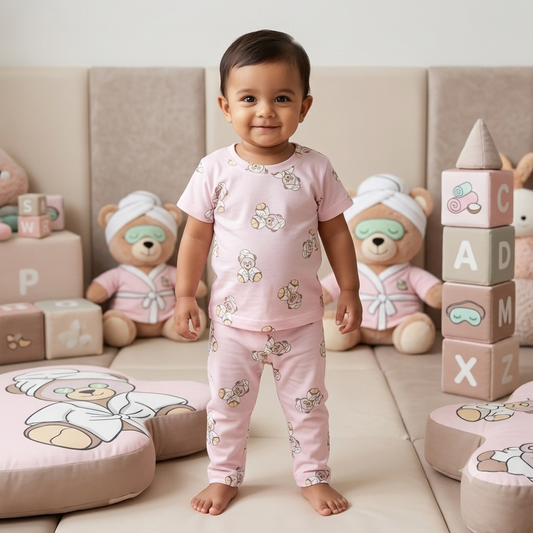 Pink Teddy Print Pant Set (6month to 1year)