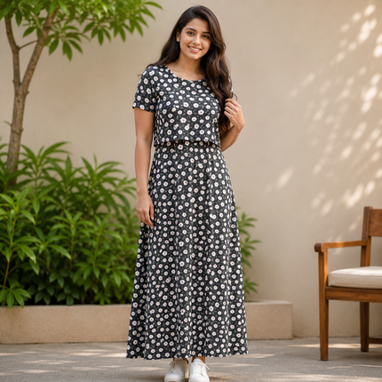 Black & White Flower Print Zipless Feeding Loungewear