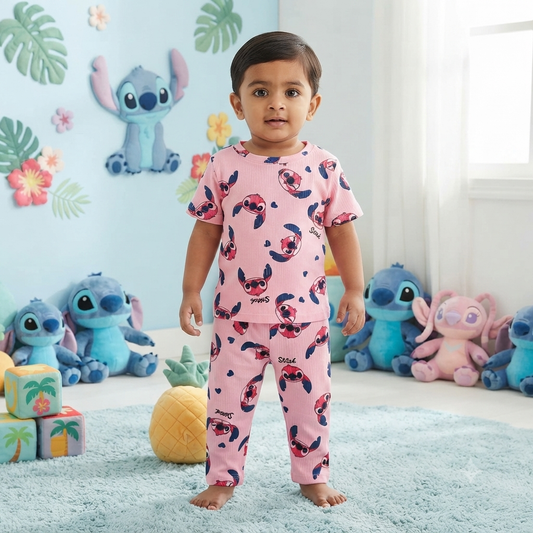 Pink Stitch Print Premium Ribbed Pant Cordset (3year to 4year)