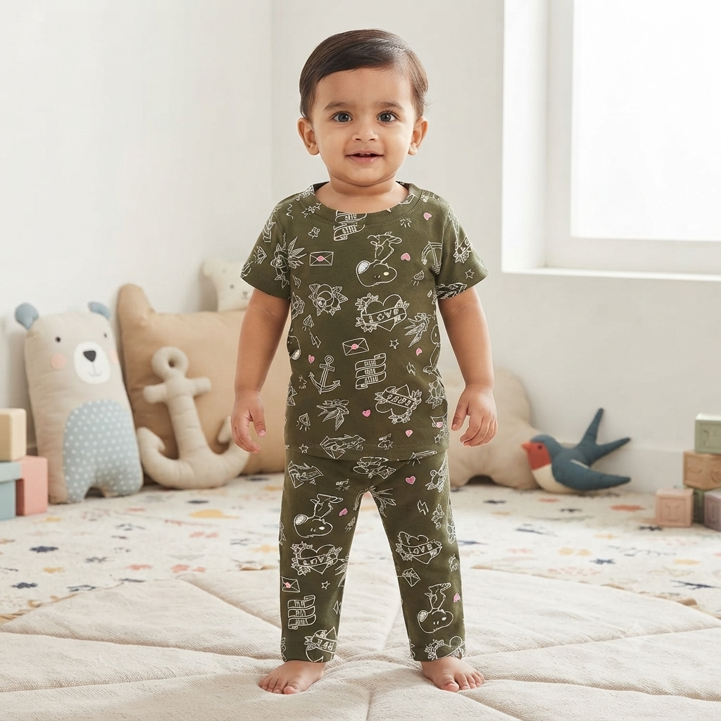 Olive Green Print Pant Cordset (2year to 3year)