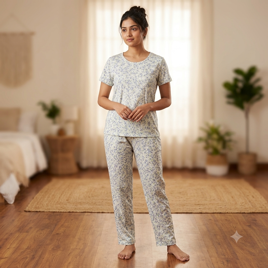 White Flower Print Print Pyjamas (L)