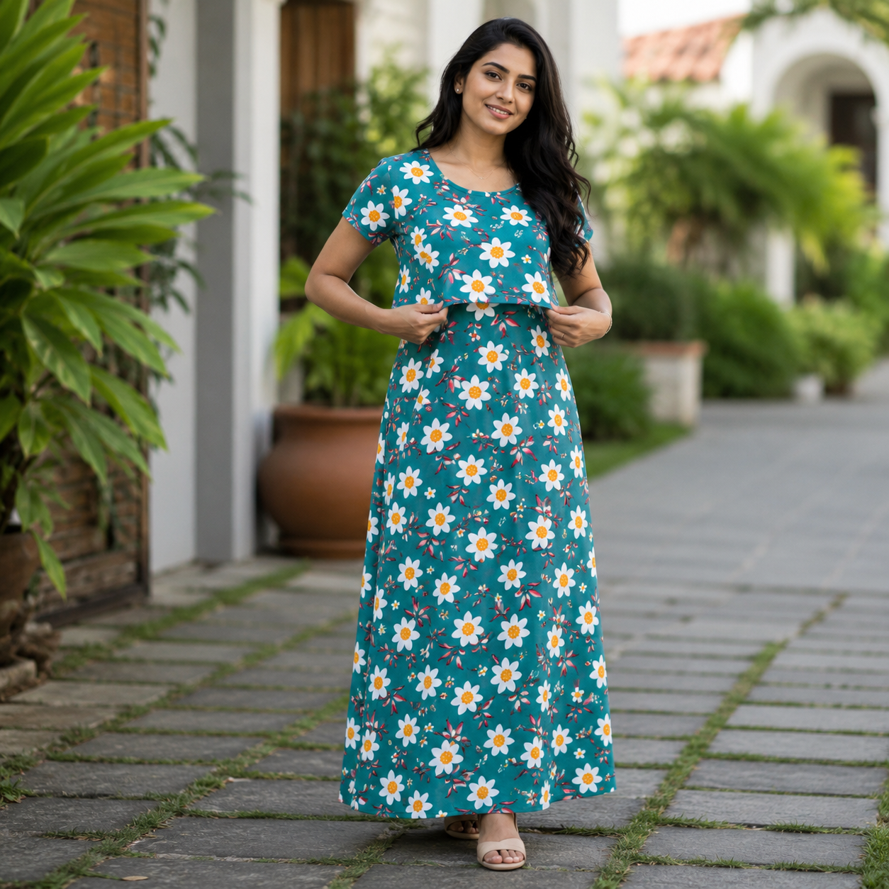Green Sunflower Print Zipless Feeding Loungewear (XL) BB