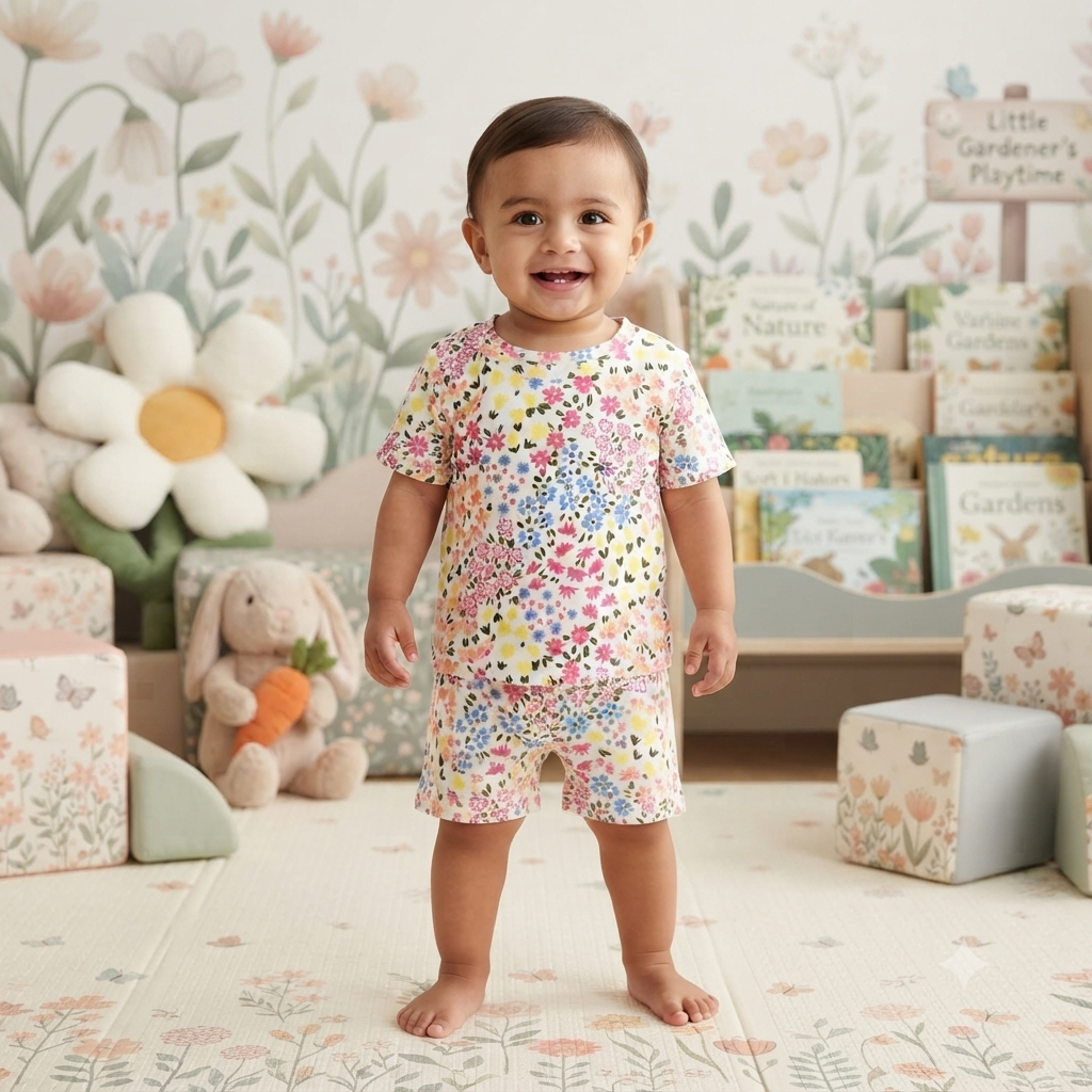 Unique Multi Flowers Premium Ribbed Shorts Cordset (2year to 3year)