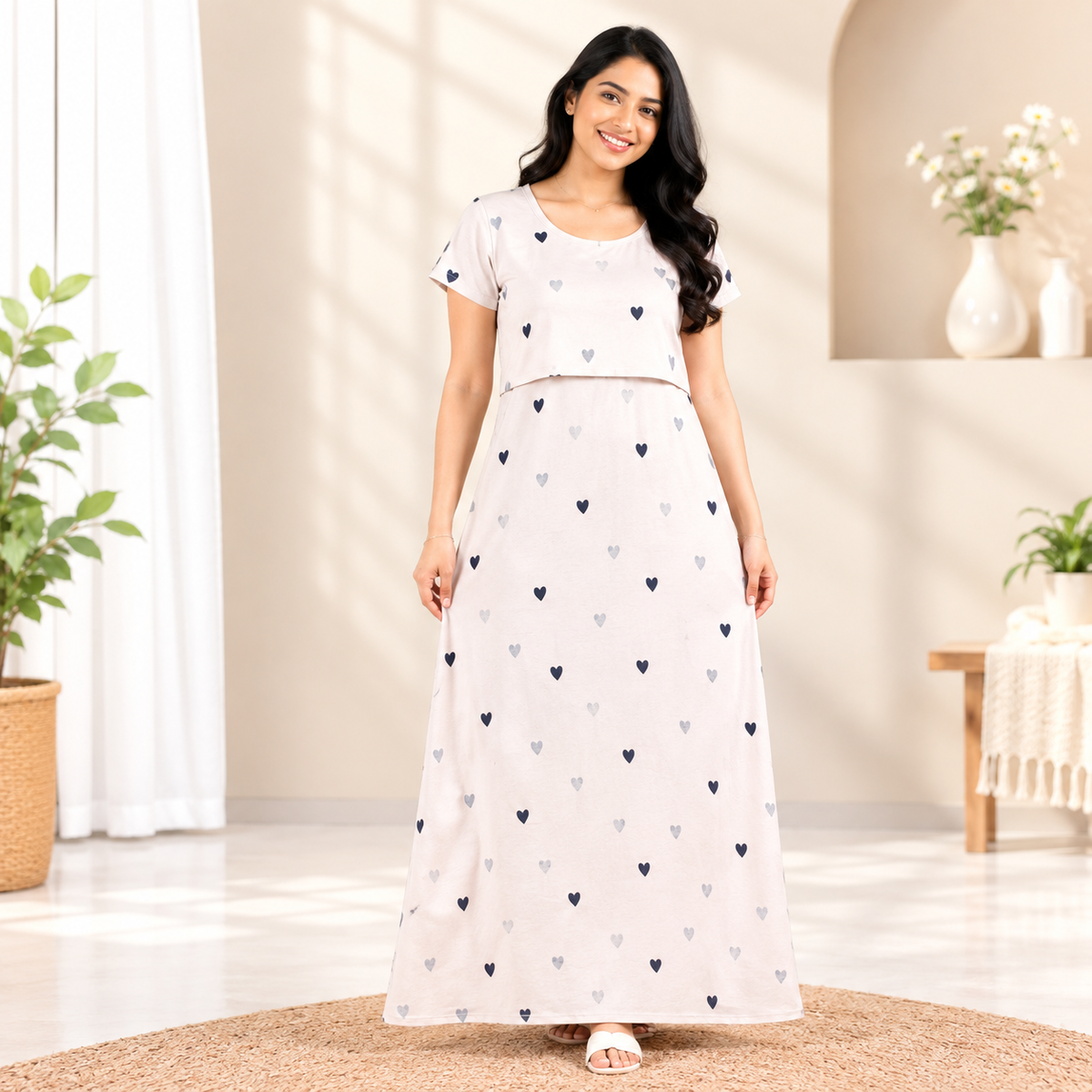 White Hearts Print Zipless Feeding Loungewear (L)