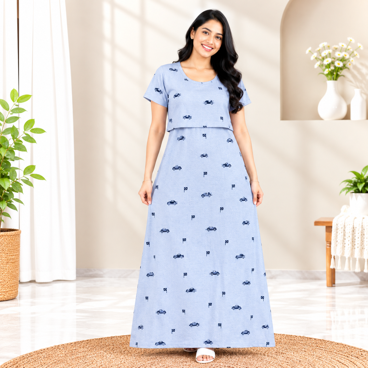 Blue Multi Cars Print Zipless Feeding Loungewear (XL)