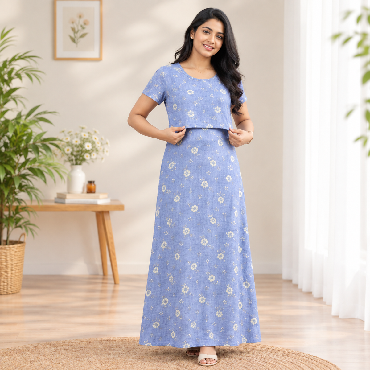 Blue White Flower Print Zipless Feeding Loungewear (M)