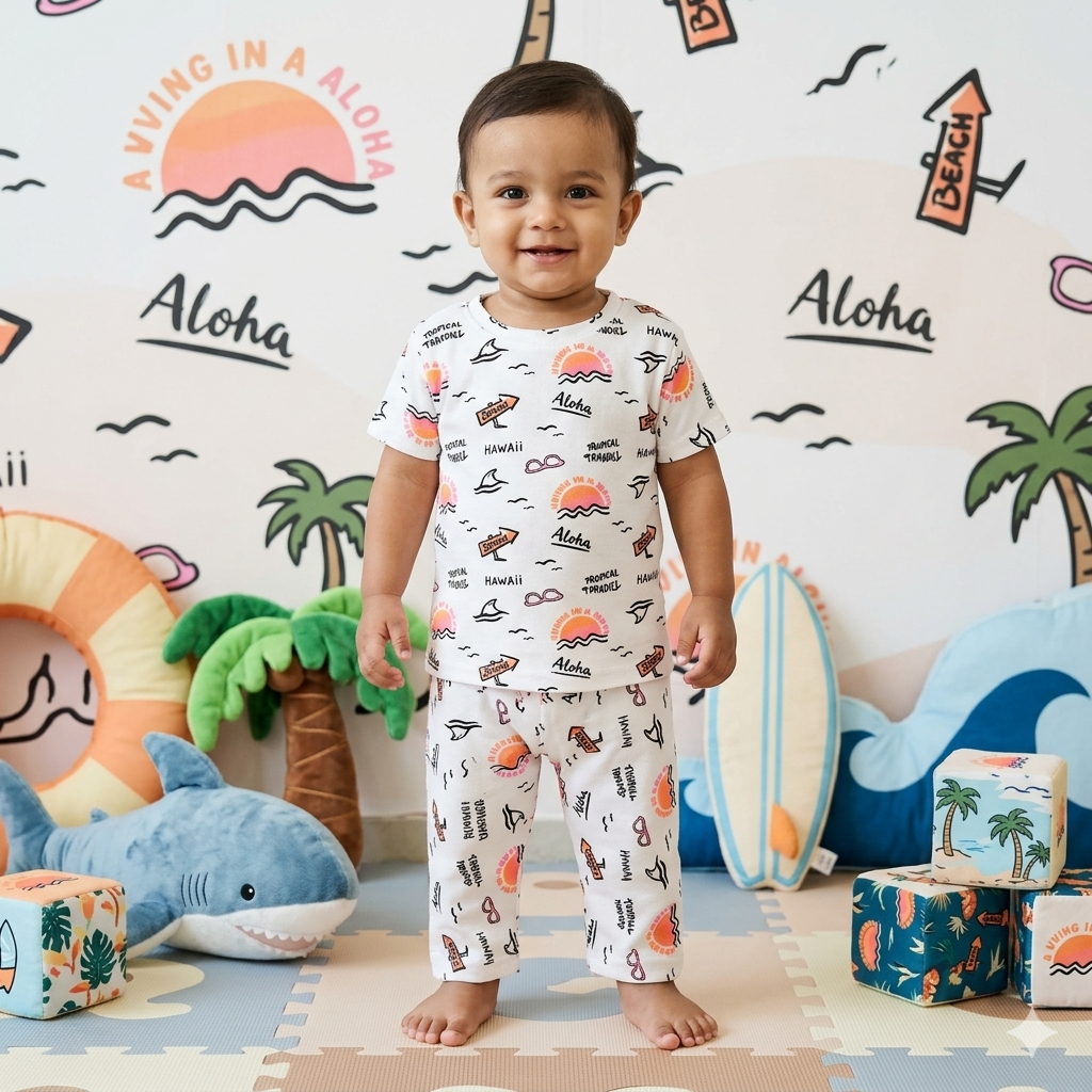 White Multi Print Premium ribbed pant Cordset (1year to 2year)