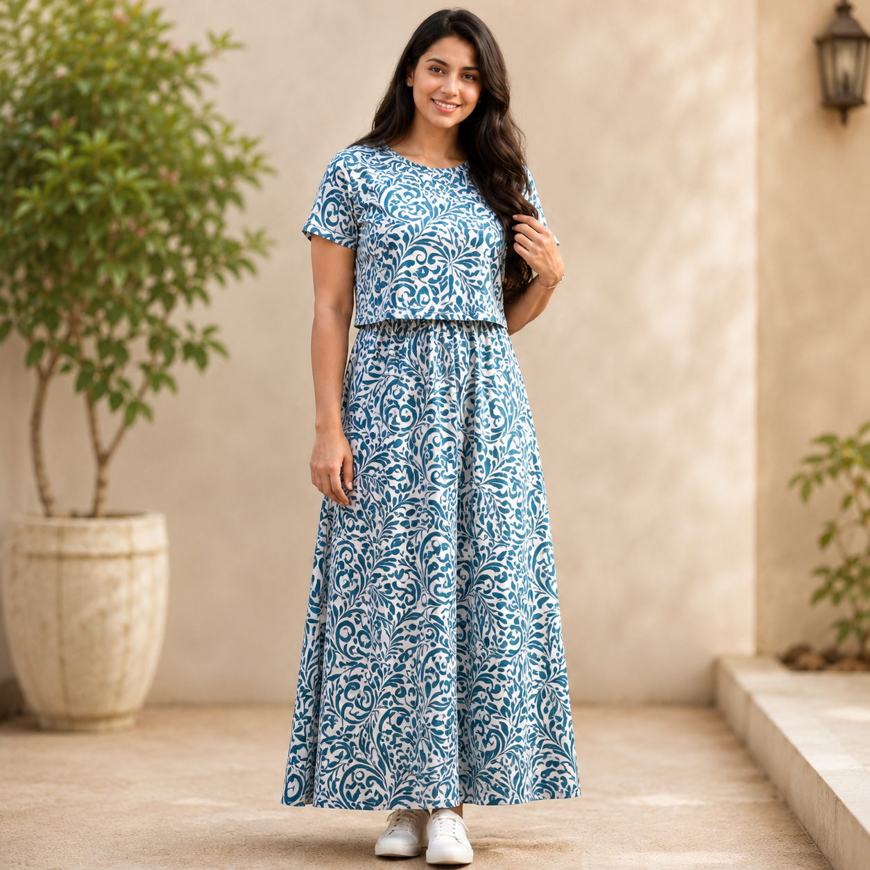 Blue Flower Print Zipless Feeding Loungewear (L)