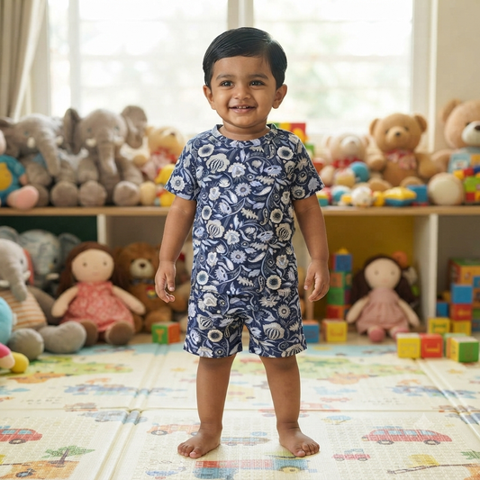 Blue Leaf & Flowers Print shorts set (2year to 3year)