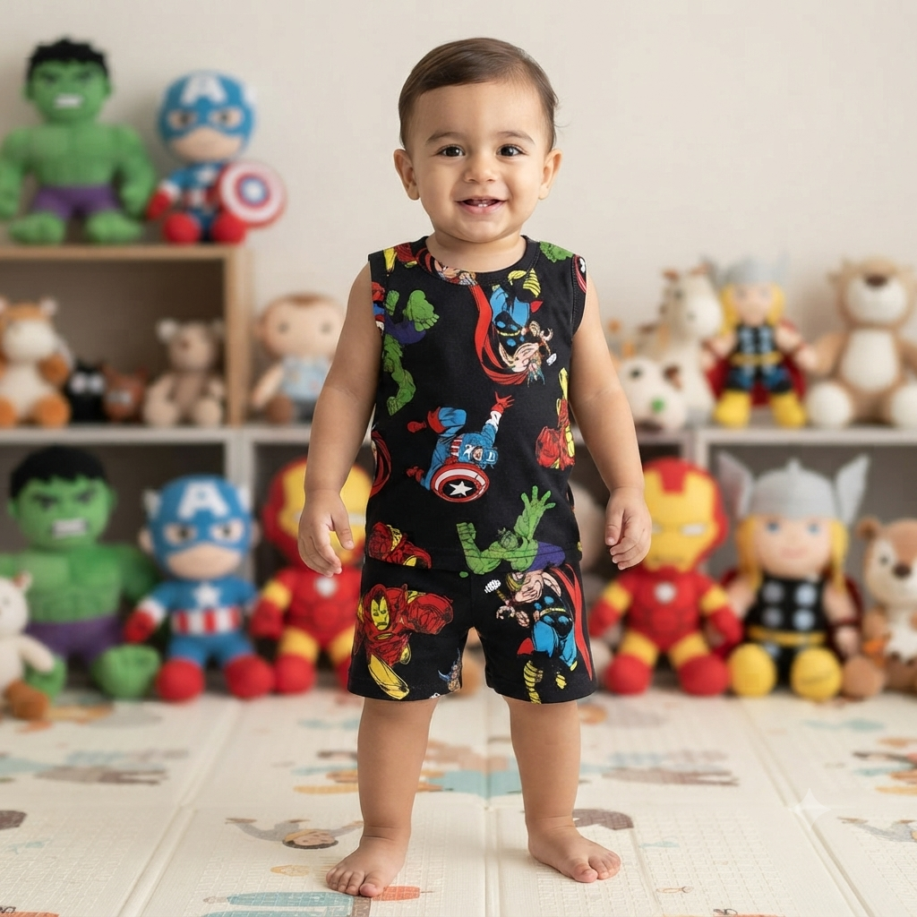 Black Marvel Print Sleeveless Shorts Cordset (6month to 1year)
