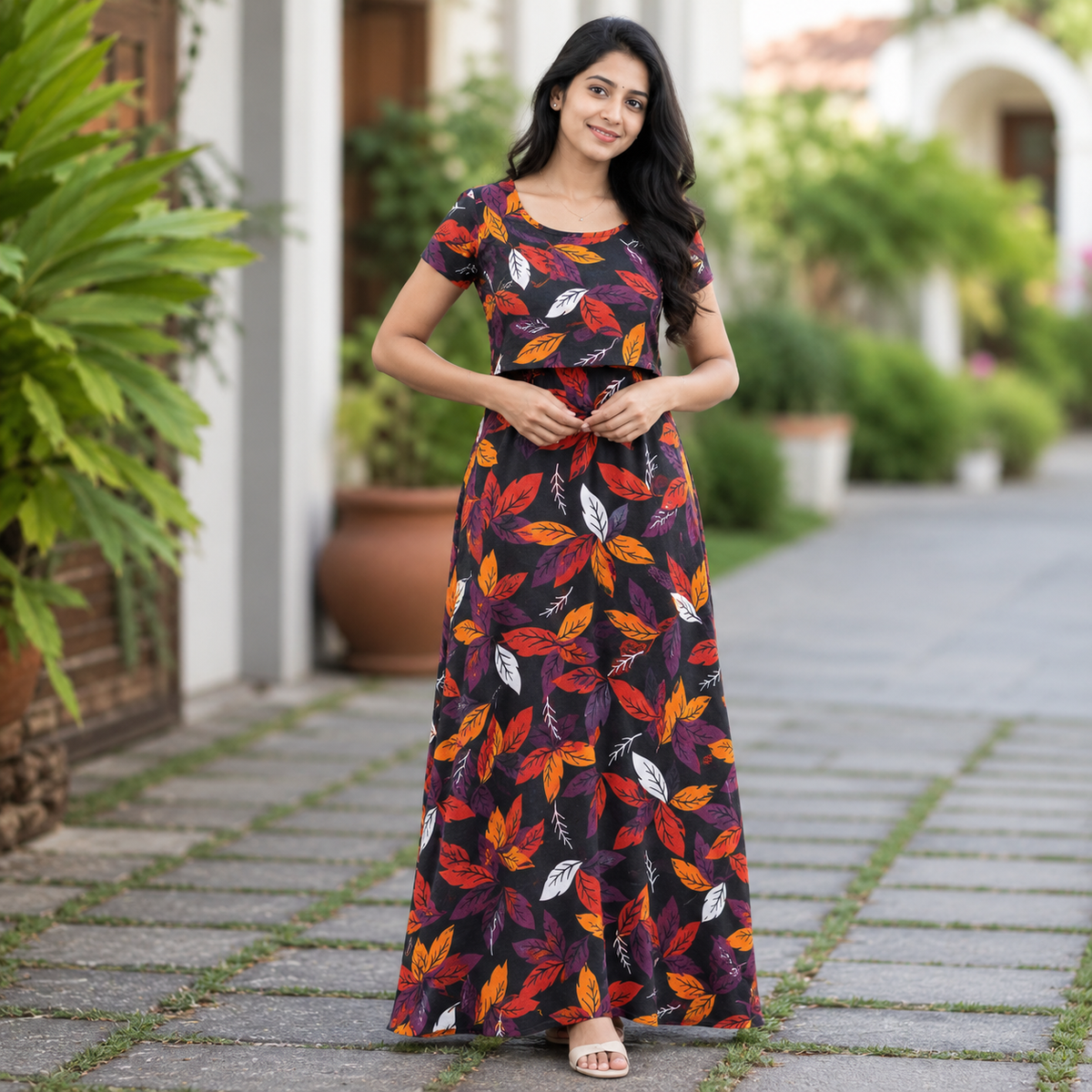 Colourful Leaf Print Zipless Feeding Loungewear (L)