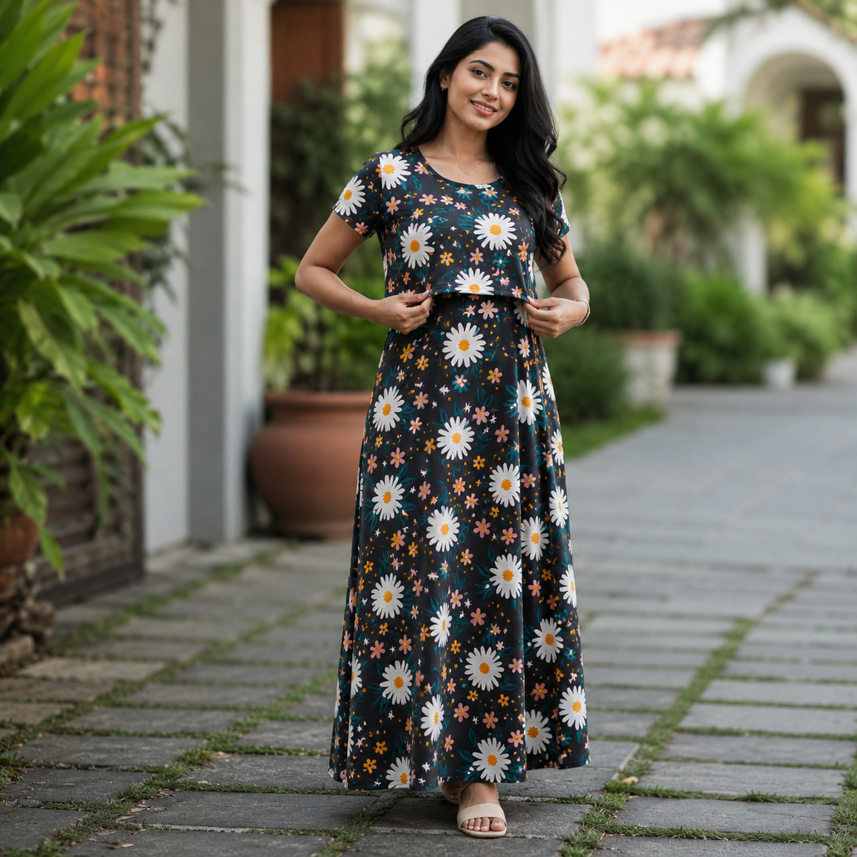 Black white flower Print Zipless Feeding Loungewear (XXL)