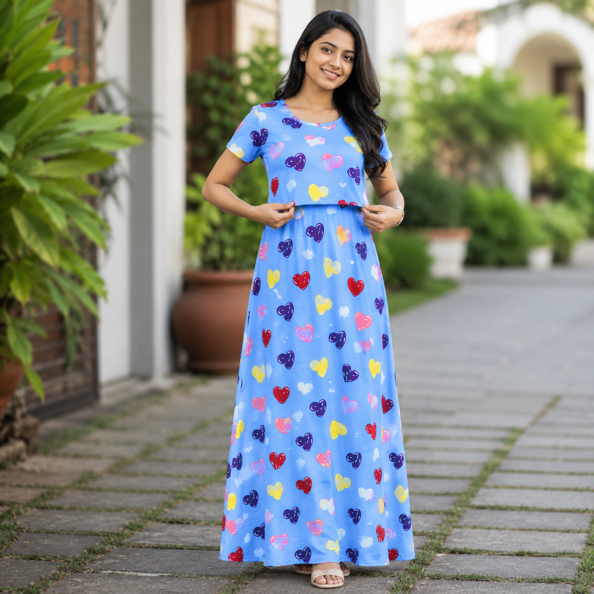 Multi Colour Heart Print Zipless Feeding Loungewear (M)