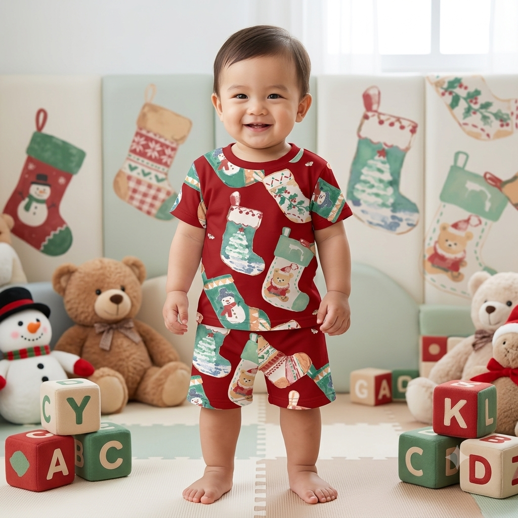 Red Snow Teddy Print Shorts Set (1year to 2year)