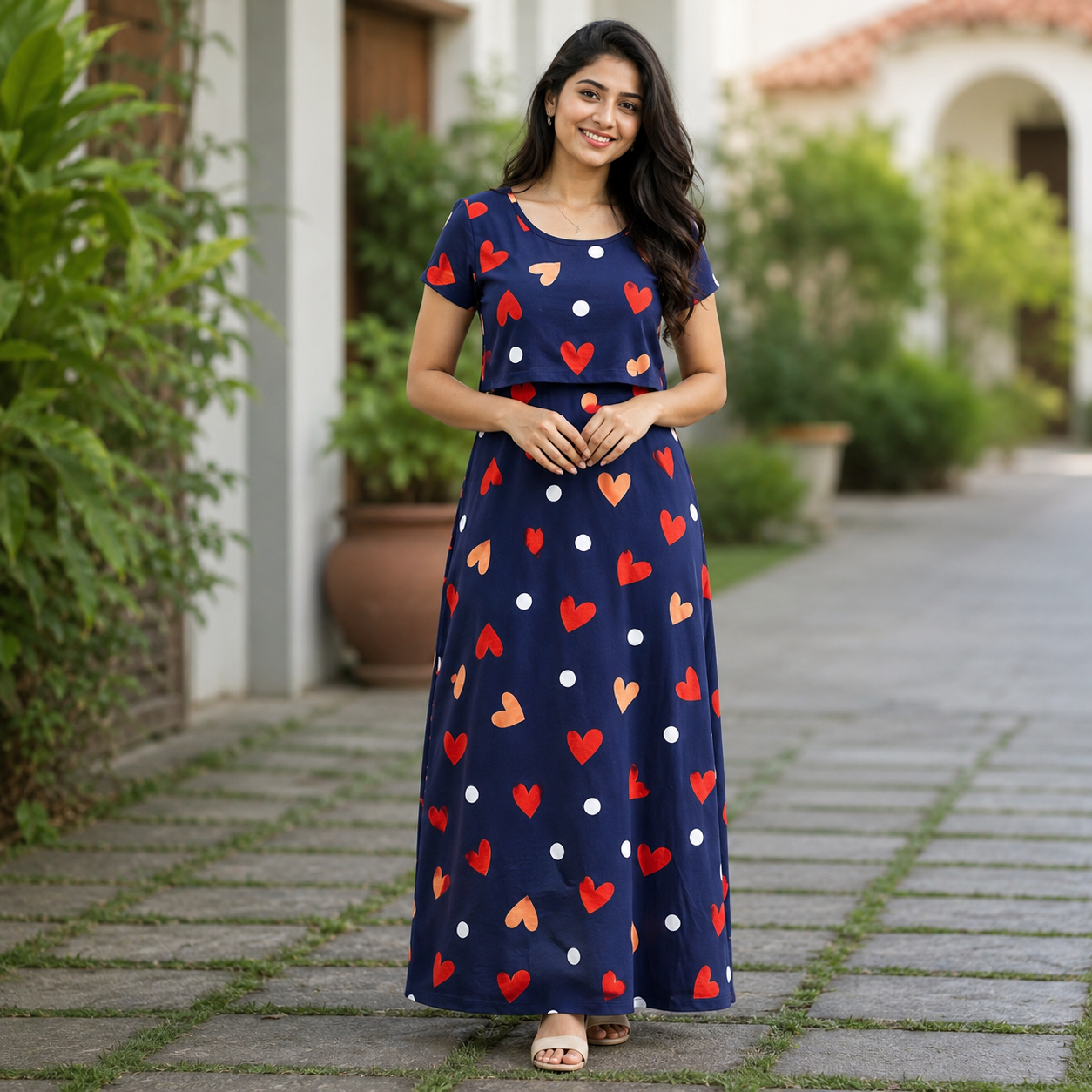 Navy Heart & Dot Print Zipless Feeding Loungewear (M) BB