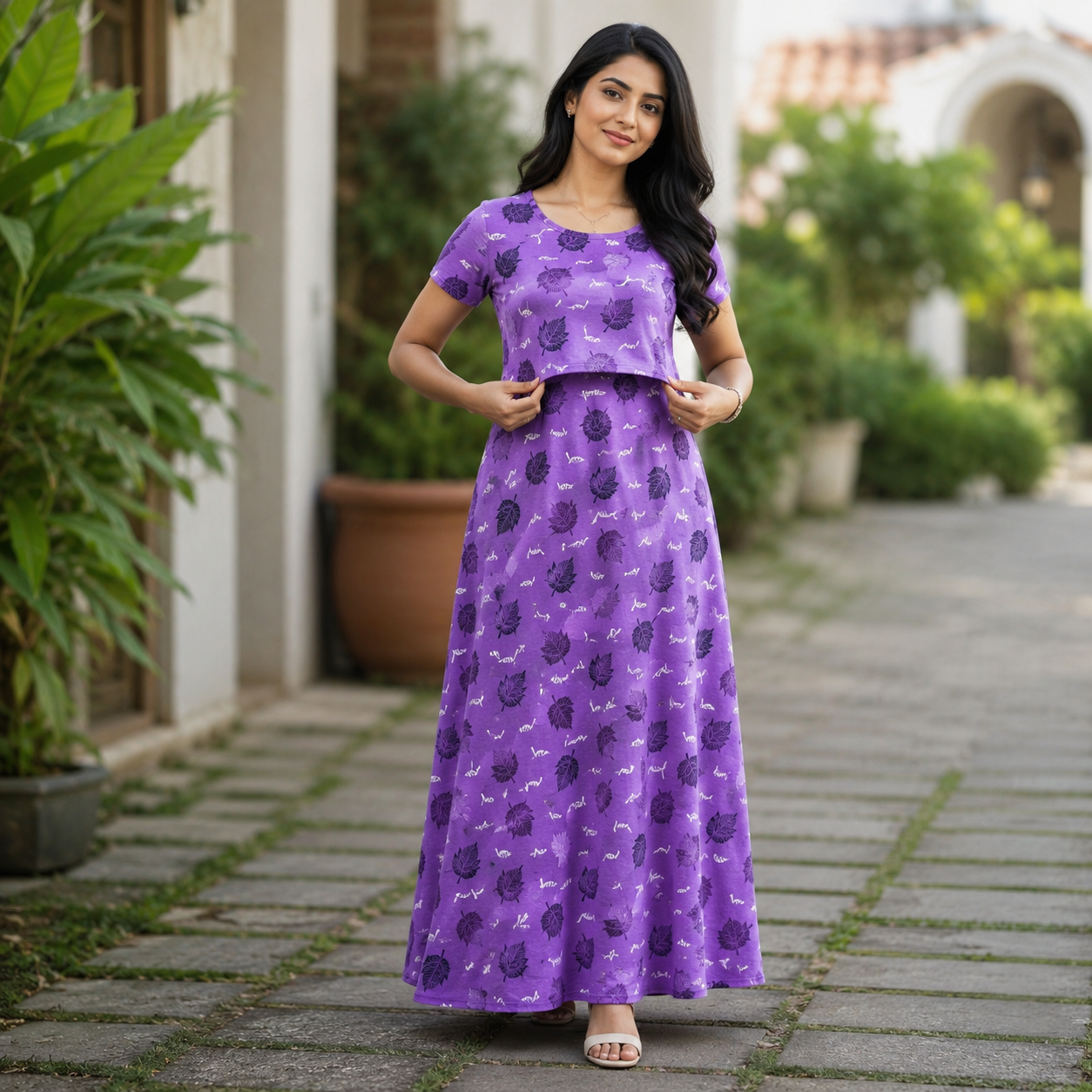 Lavender Leaf Print Zipless Feeding Loungewear (L)