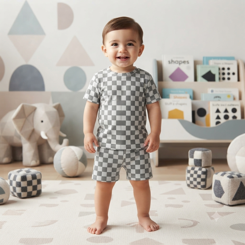 Grey Checkered Premium Ribbed Shorts Cordset (1year to 2year)