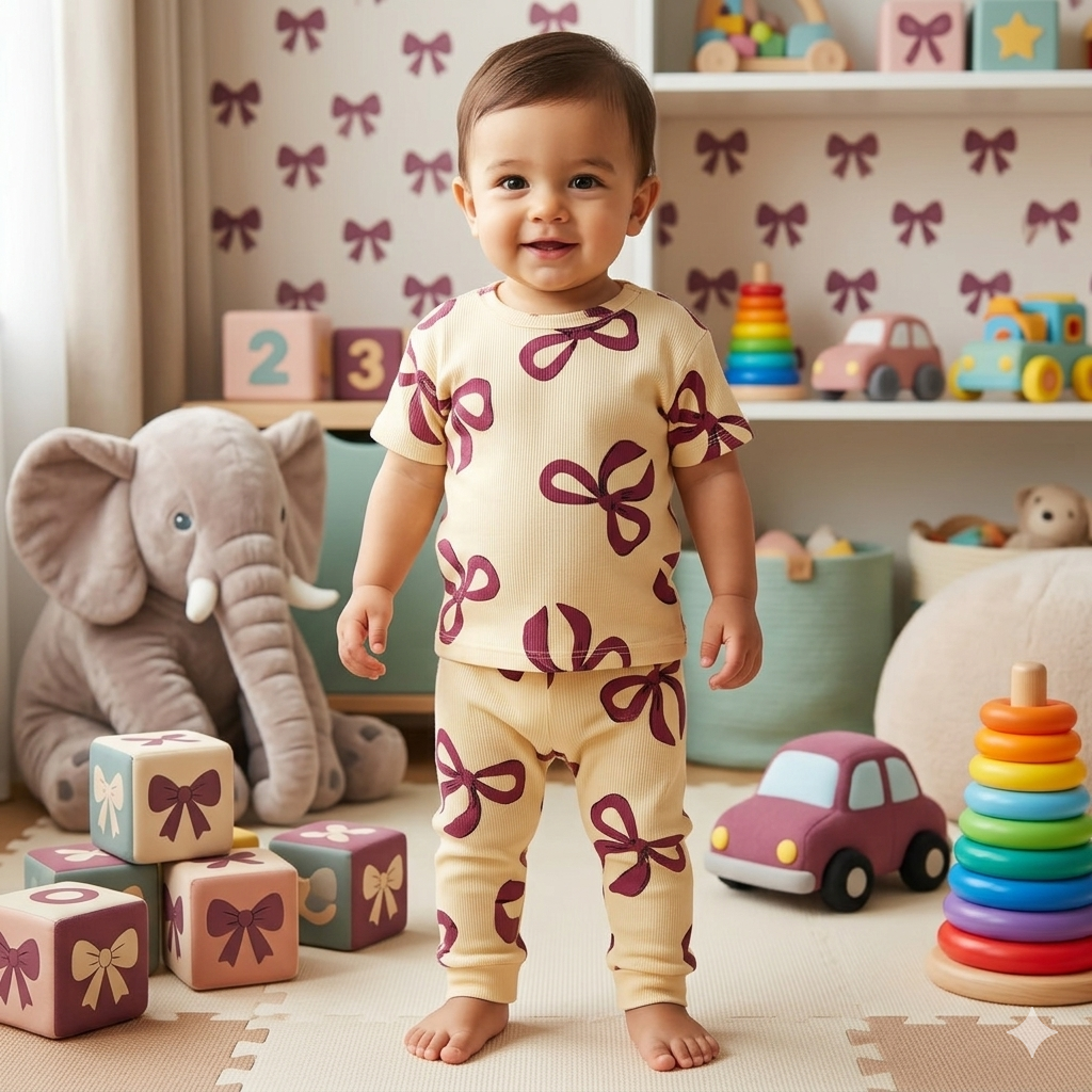 Ribbon Print Premium ribbed pant Cordset (2year to 3year)