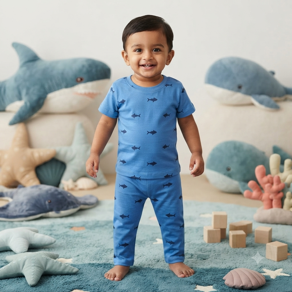 Blue Fish Print Pant Set (6month to 1year)