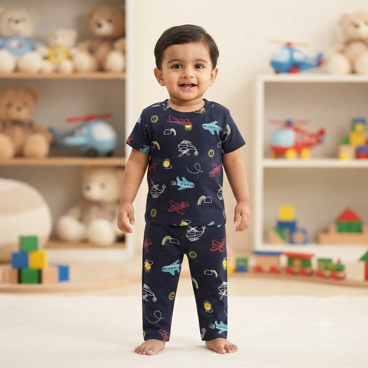 Navy Flights Print Pant Set (6month to 1year)