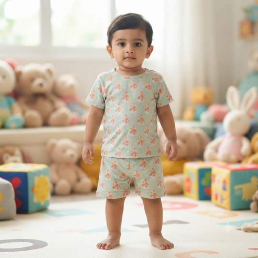 Green Flower print Shorts Cordset (2year to 3year)