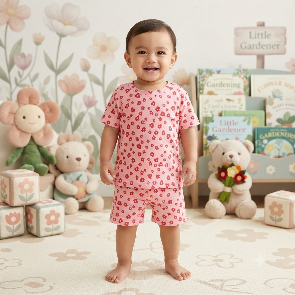 Pink Multi Flowers Premium Ribbed Shorts Cordset (2year to 3year)