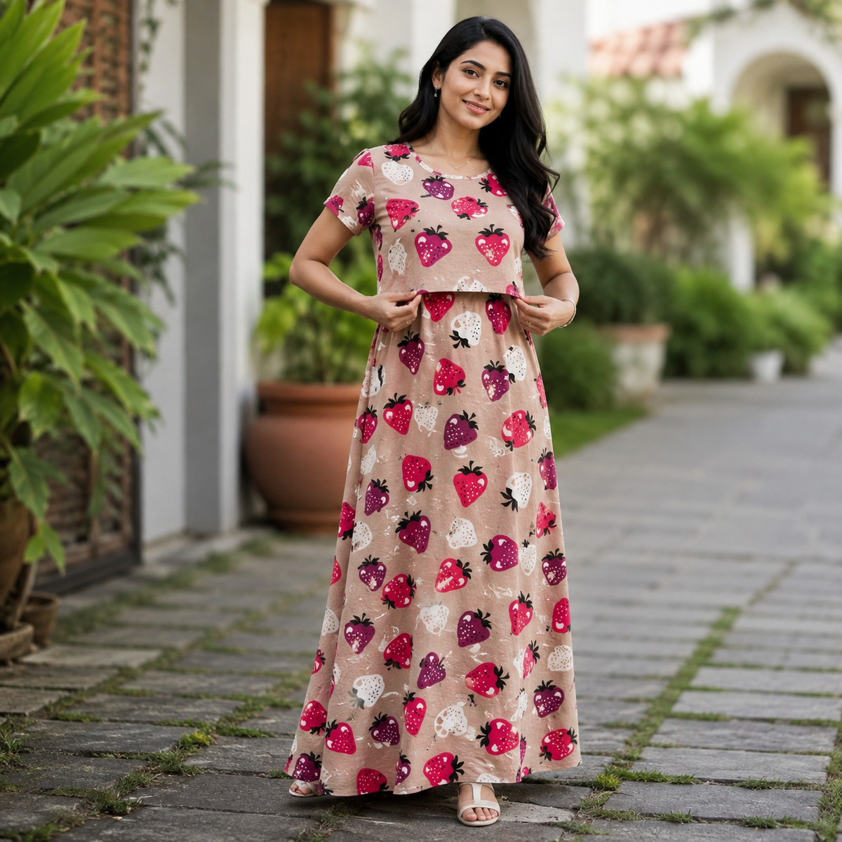 Strawberry Print Zipless Feeding Loungewear (M)