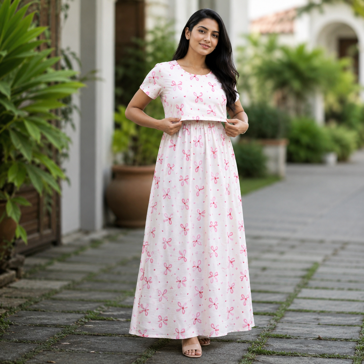 Ribbon Print Zipless Feeding Loungewear (L)