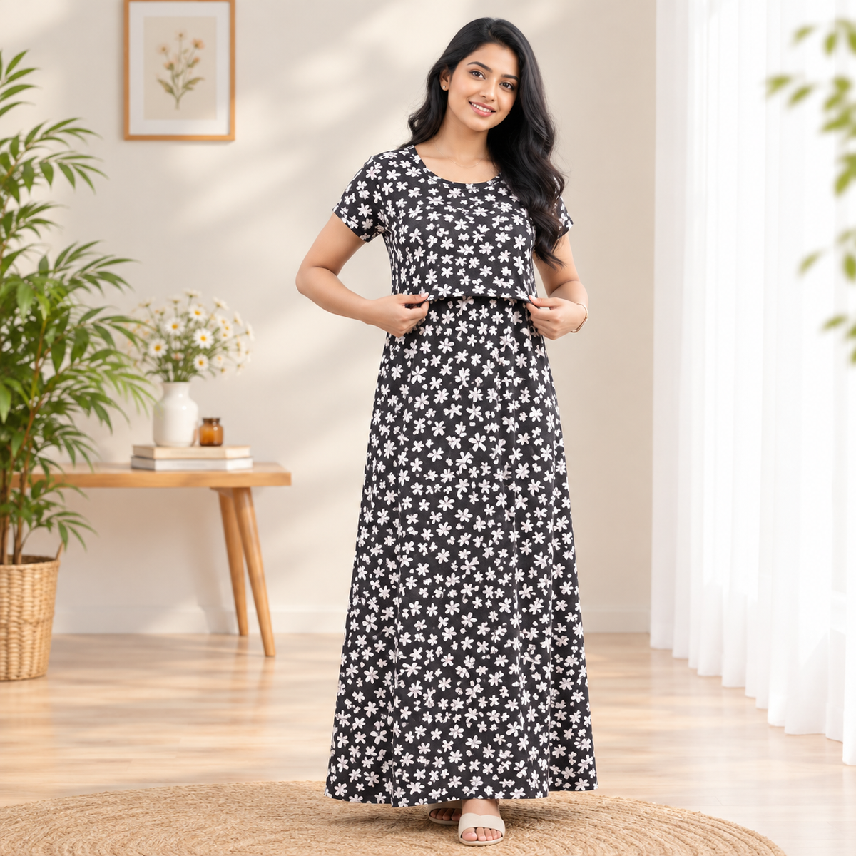 Black Flower Print Zipless Feeding Loungewear (M)