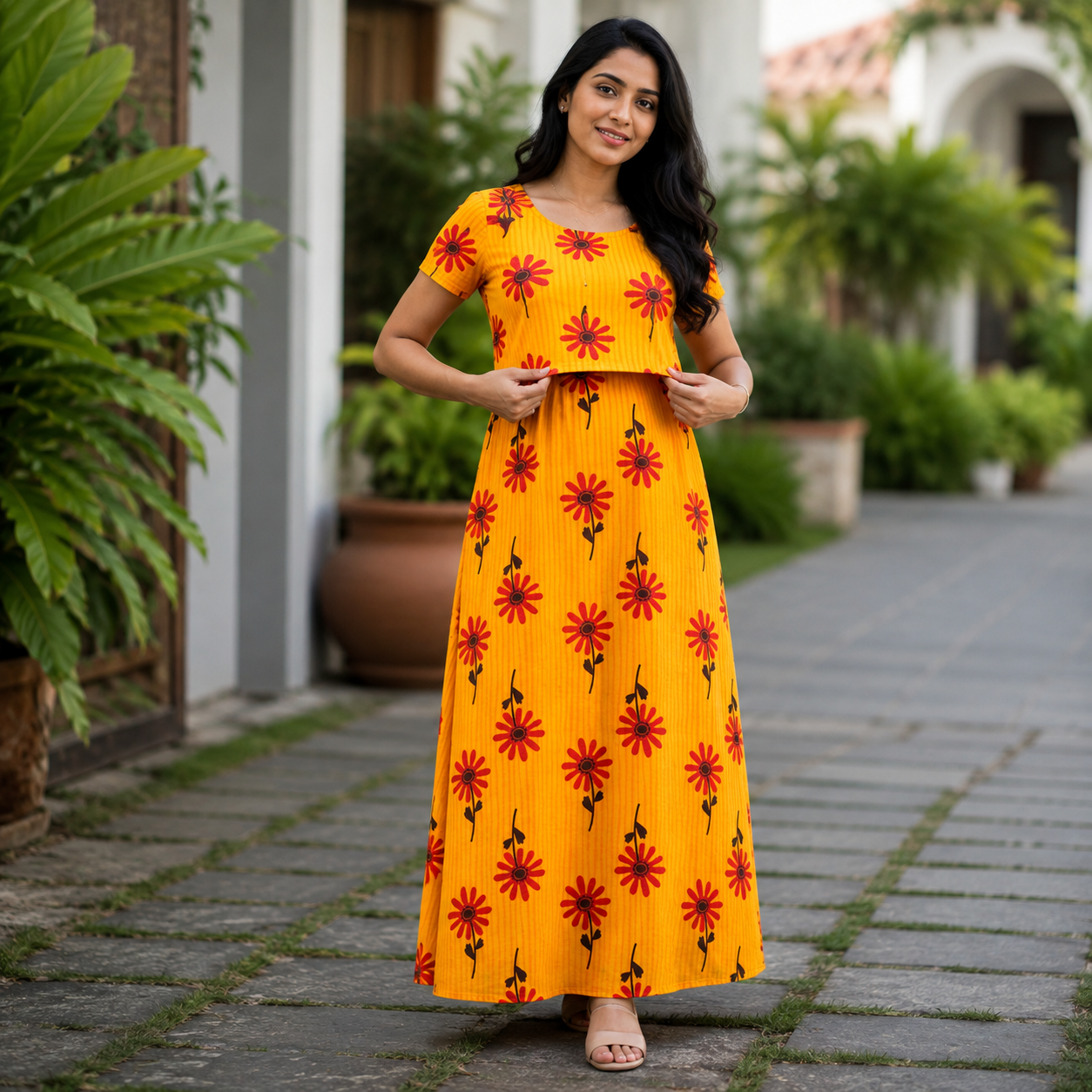 Yellow Flower Print Zipless Feeding Loungewear (XXL) BB