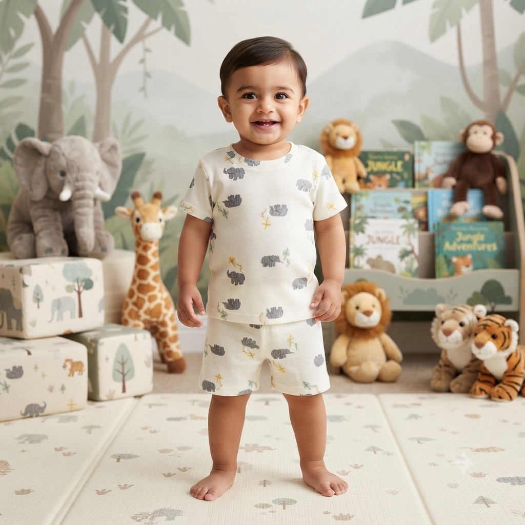 Cute Elephant Flower Premium Ribbed Shorts Cordset (2year to 3year)