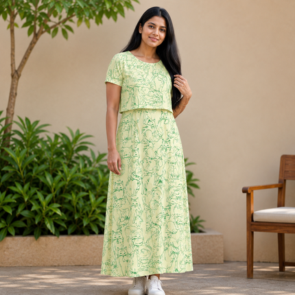 Green Cats Print Zipless Feeding Loungewear