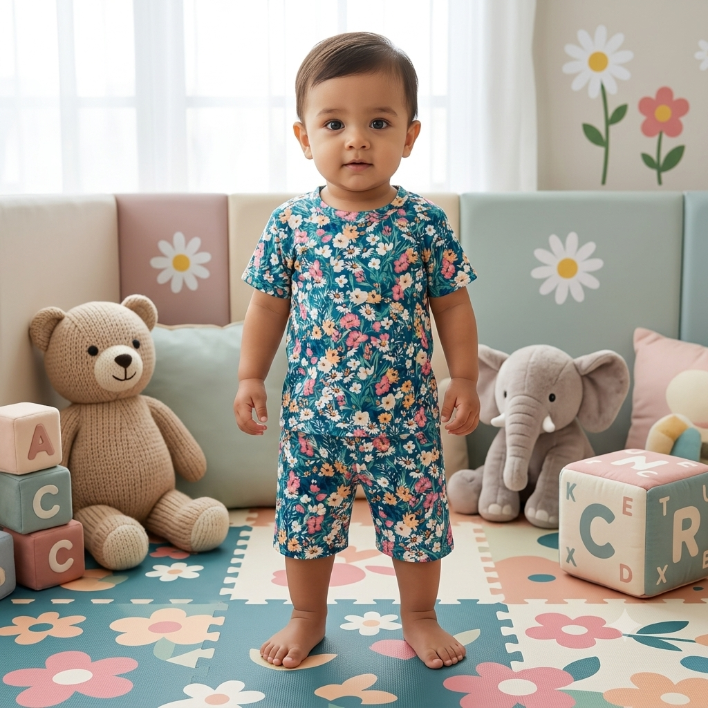 Blue Flower Print Shorts Set (2year to 3year)