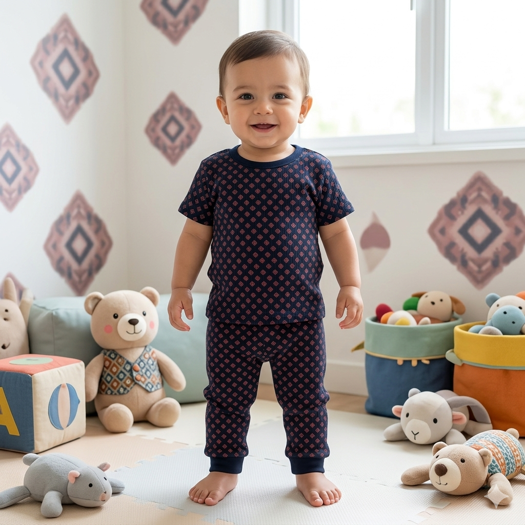 Navy Print Premium ribbed pant Cordset (1year to 2year)