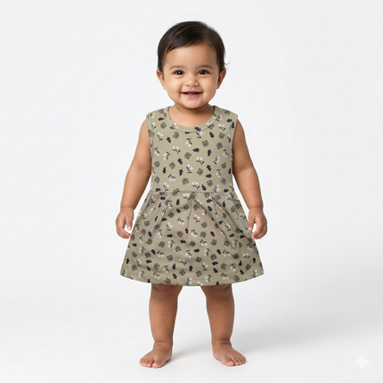 Bear & Flower Print Sleeveless Frock (Newborn to 6month)