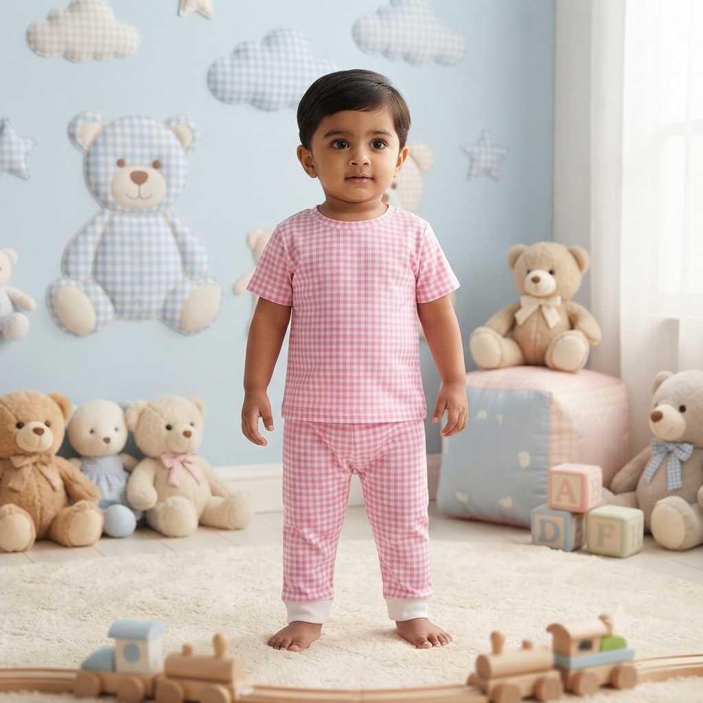 Pink Checkered Print Premium Ribbed Pant Cordset (1year to 2year)