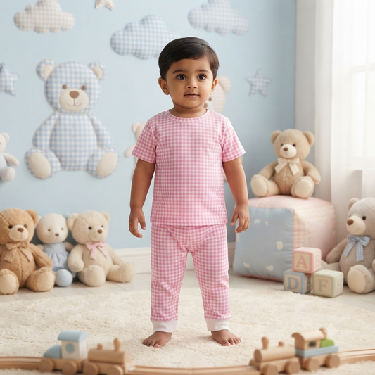 Pink Checkered Print Premium Ribbed Pant Cordset (4year to 5year)