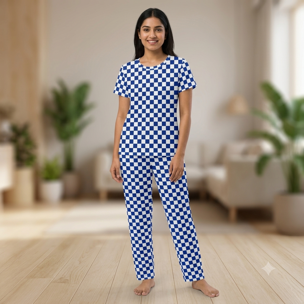 Blue & White Checkered Print Pyjamas (M)