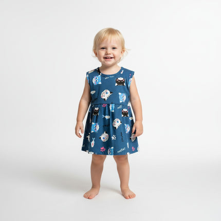 Blue Cat Print Sleeveless Frock (6month to 1year)